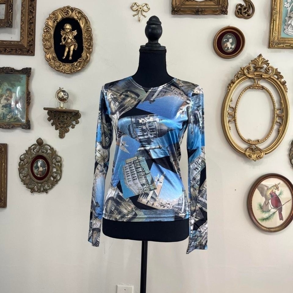 🩵 Cheryl Creations Venice Cityscape Long Sleeve Top Large Blue Nylon Vintage